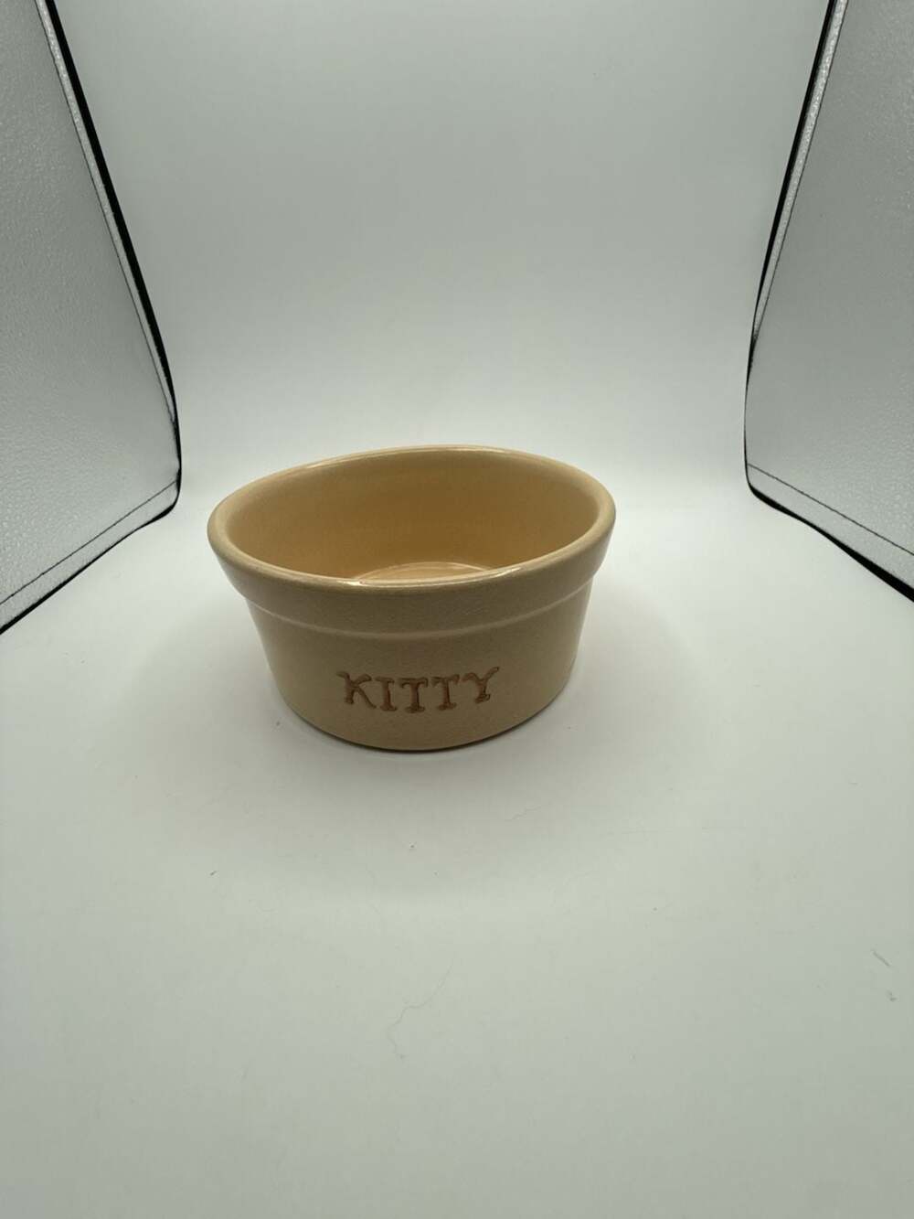 Vintage Stoneware Kitty Pet Bowl Tan Ceramic